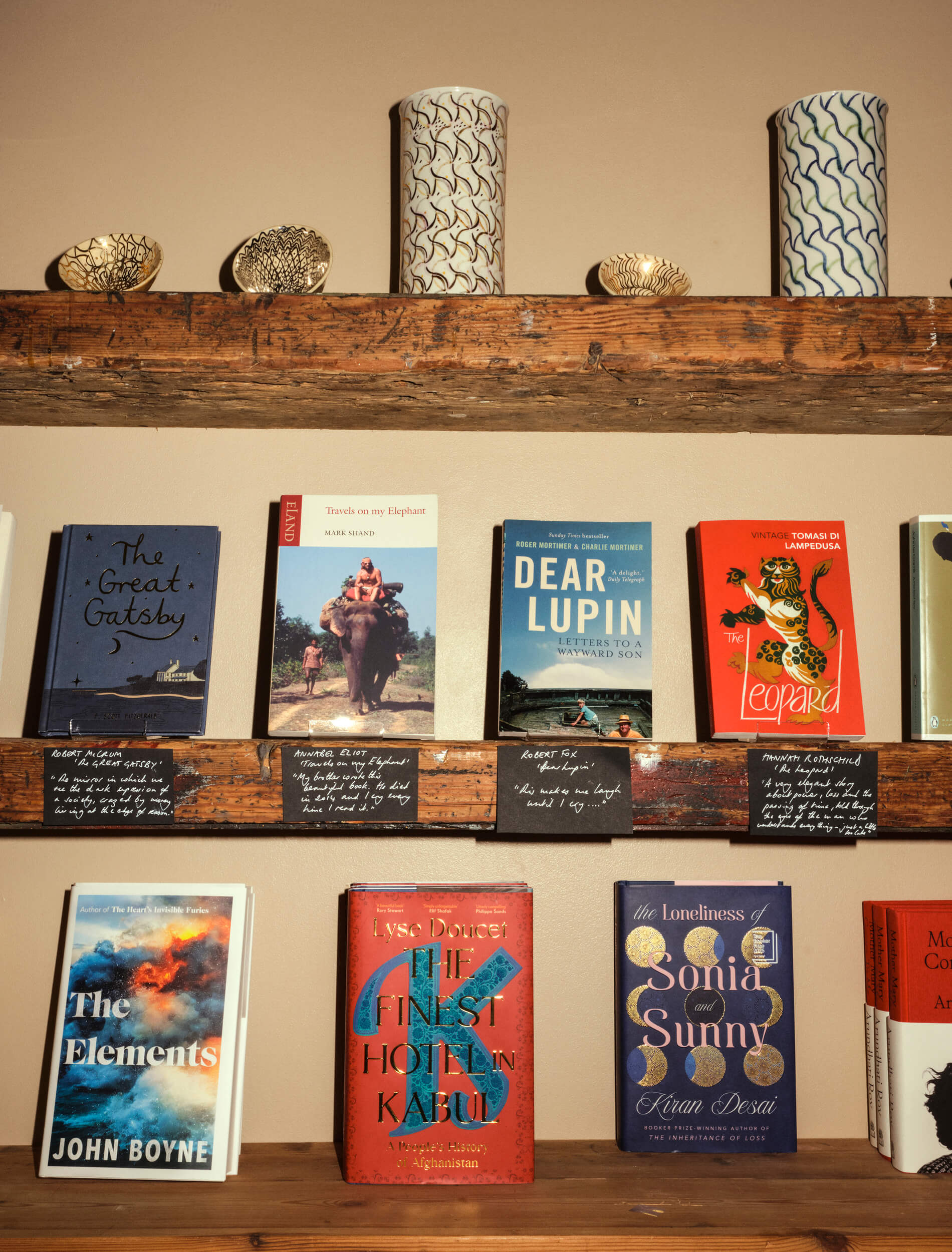 Close-up interior view of books and shelving at Fox & King, Independent Bookshop, Tisbury.