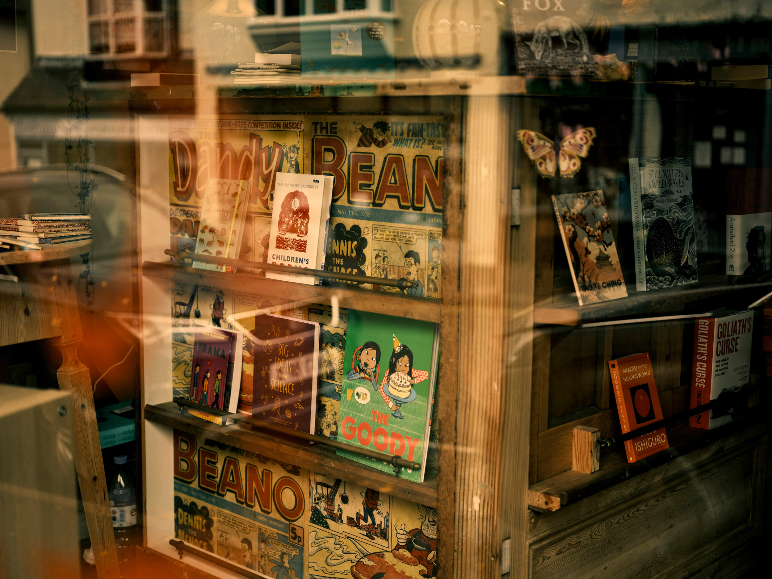 Close-up interior view of books and shelving at Fox & King, Independent Bookshop, Tisbury from the window of the street looking in.