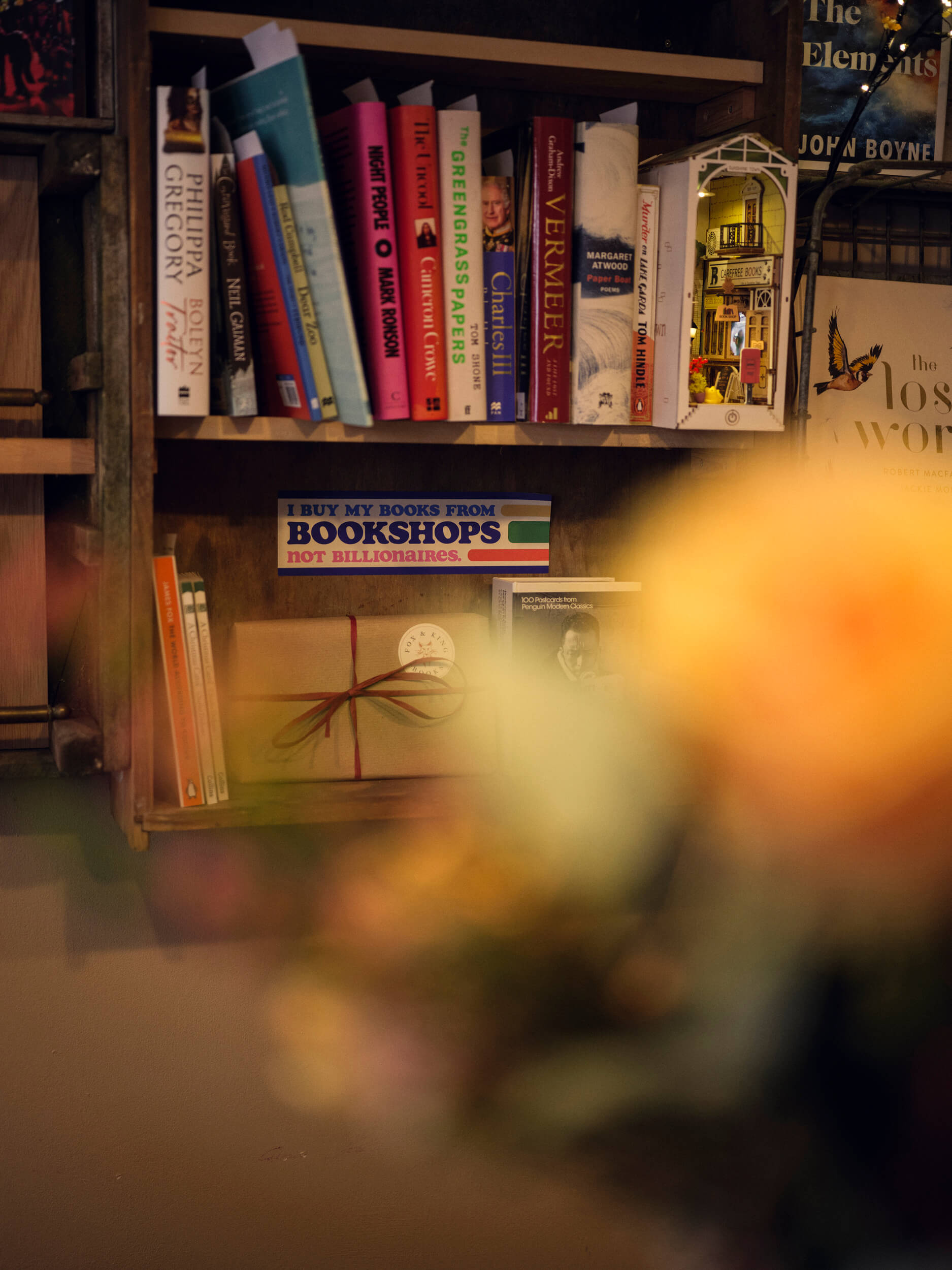 Close-up interior view of books and shelving at Fox & King, Independent Bookshop, Tisbury.