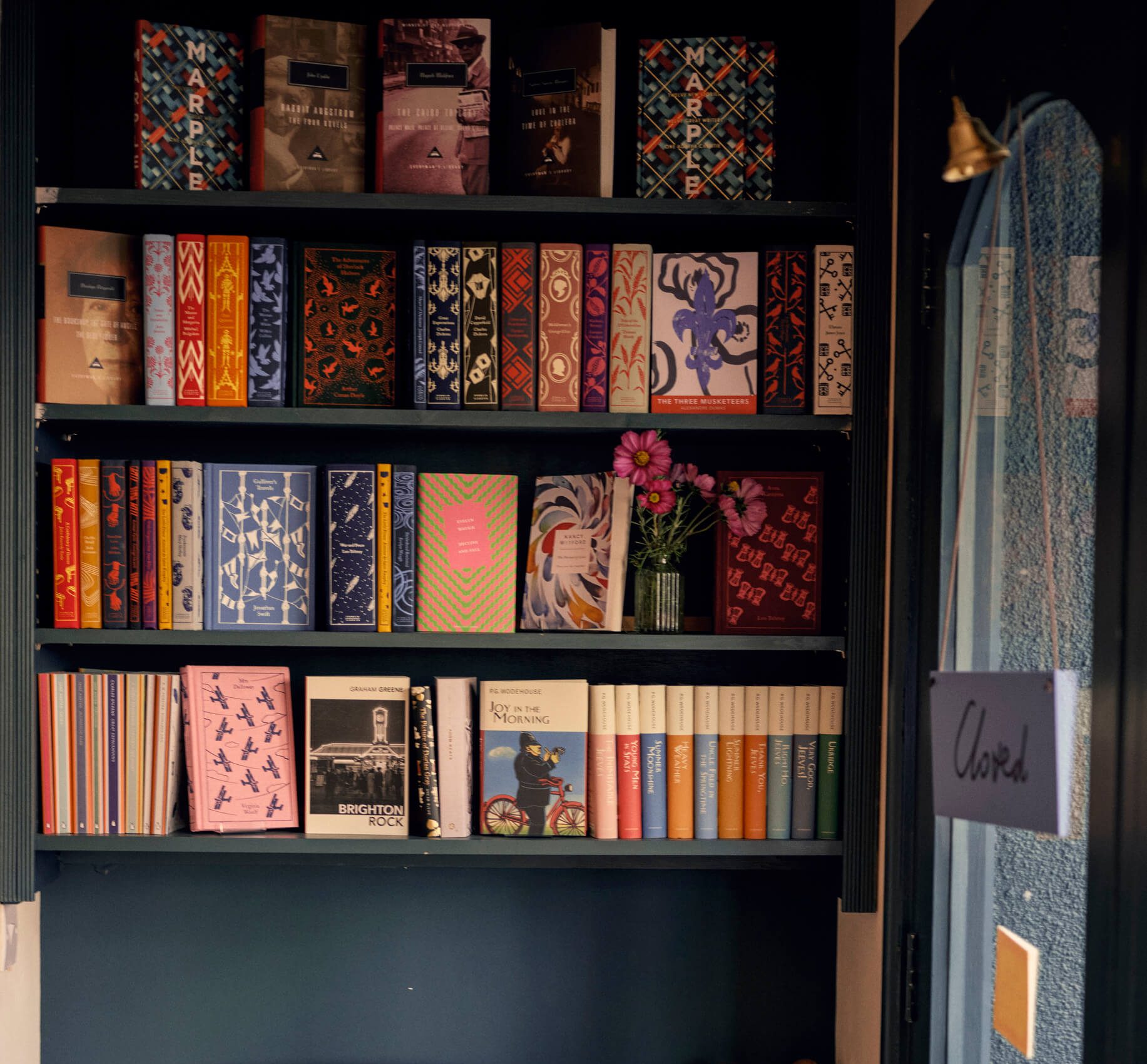 Close-up interior view of books and shelving at Fox & King, Independent Bookshop, Tisbury.