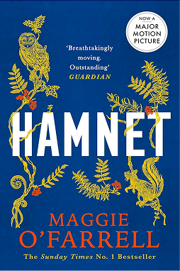 Book cover of “Hamnet” by Maggie O’Farrell, featuring bold title text set against a deep blue background with decorative elements.
